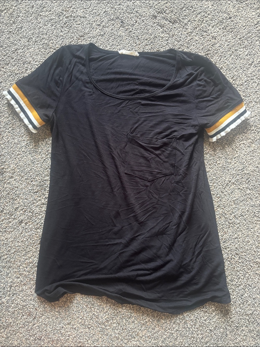 Women’s Black Scoop Neck Tee with Gold Stripe Sleeves